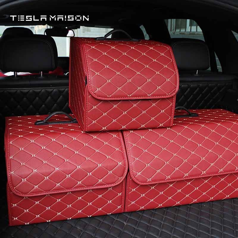Multipurpose Collapsible Car Trunk Storage Organizer - Red With Beige Stitching -Small---Tesla Maison