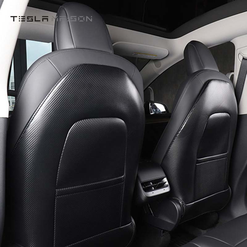 Tesla Model 3 and Model Y Leather Back Seat Kick Protectors Covers -Carbon Fiber Pattern-2pcs / 1 Set--Tesla Maison