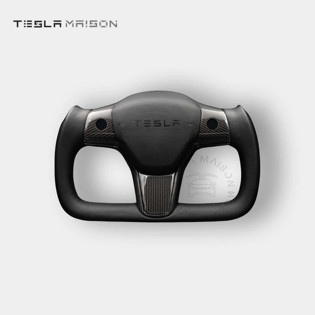 Tesla Model 3 Yoke Steering Wheel Black Leather Gloss Carbon Full Panel -Yes （ +$69.00 ）-With ( +$50.00 )-One Side-Tesla Maison