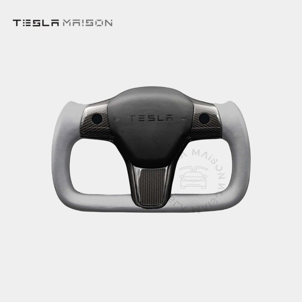 Tesla Model 3 Yoke Steering Wheel - Grey Leather With Full Gloss Carbon Panel -Yes （ +$69.00 ）-With ( +$50.00 )-One Side-Tesla Maison