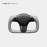 Tesla Model 3 Yoke Steering Wheel - Grey Leather With Full Gloss Carbon Panel
