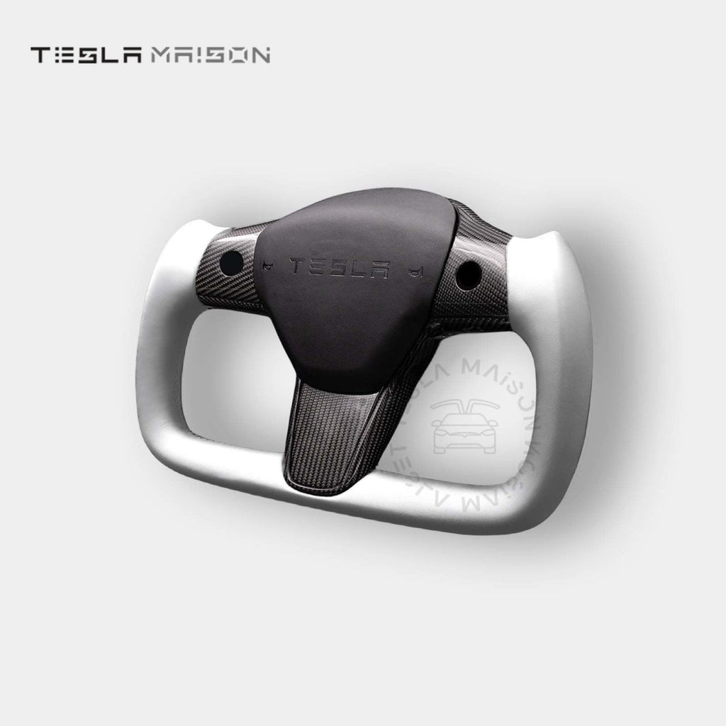 Tesla Model 3 Yoke Steering Wheel - Grey Leather With Full Gloss Carbon Panel -Yes （ +$69.00 ）-With ( +$50.00 )-One Side-Tesla Maison
