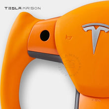 Load image into Gallery viewer, Tesla Model 3 Yoke Steering Wheel - Orange Leather and Upper Panel -No-With ( +$50.00 )-One Side-Tesla Maison