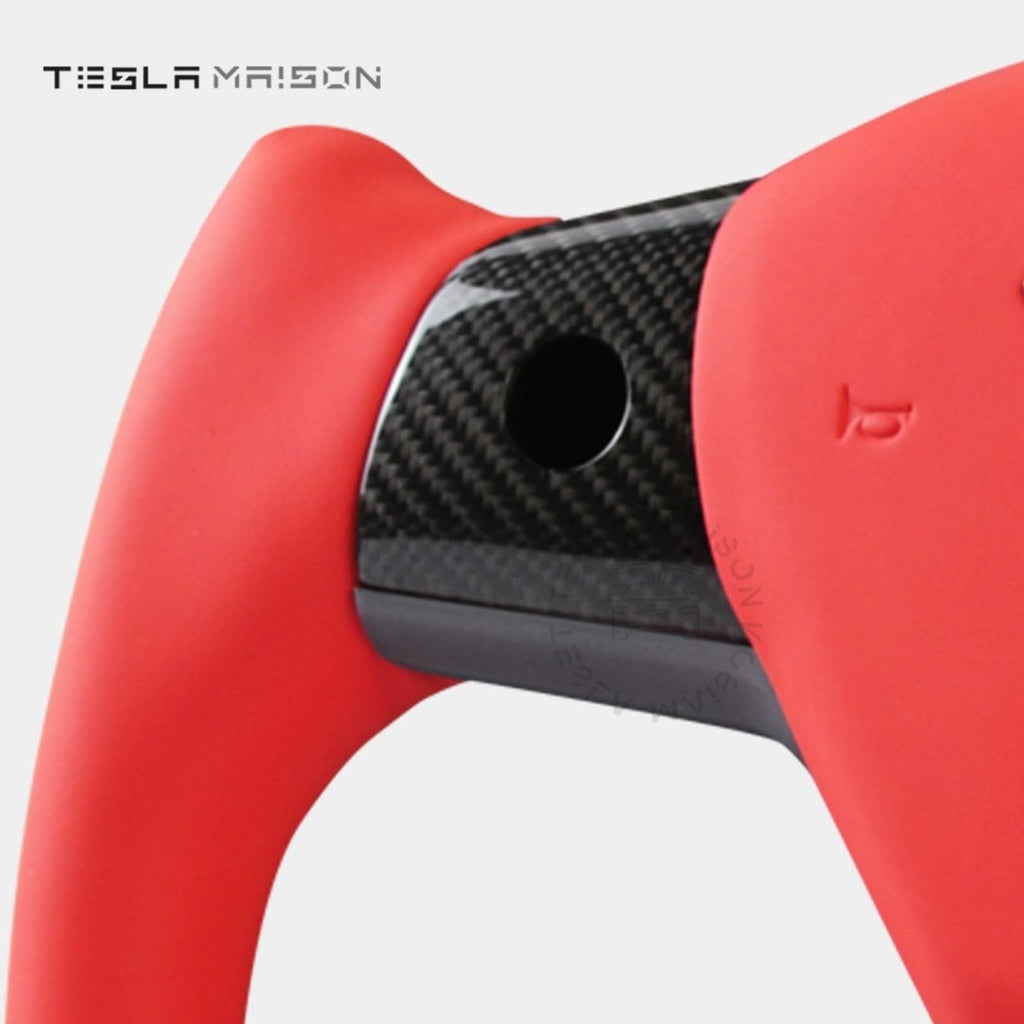 Tesla Model 3 Yoke Steering Wheel Red Leather Gloss Carbon Upper Panel -No-With ( +$50.00 )-Two Side-Tesla Maison