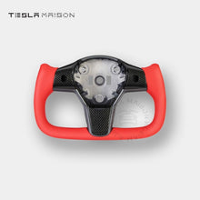 Load image into Gallery viewer, Tesla Model 3 Yoke Steering Wheel Red Leather Gloss Carbon Upper Panel -No-With ( +$50.00 )-Two Side-Tesla Maison