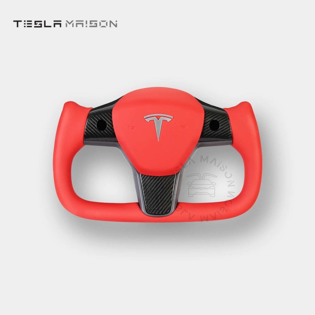 Tesla Model 3 Yoke Steering Wheel Red Leather Gloss Carbon Upper Panel -Yes （ +$69.00 ）-With ( +$50.00 )-Two Side-Tesla Maison