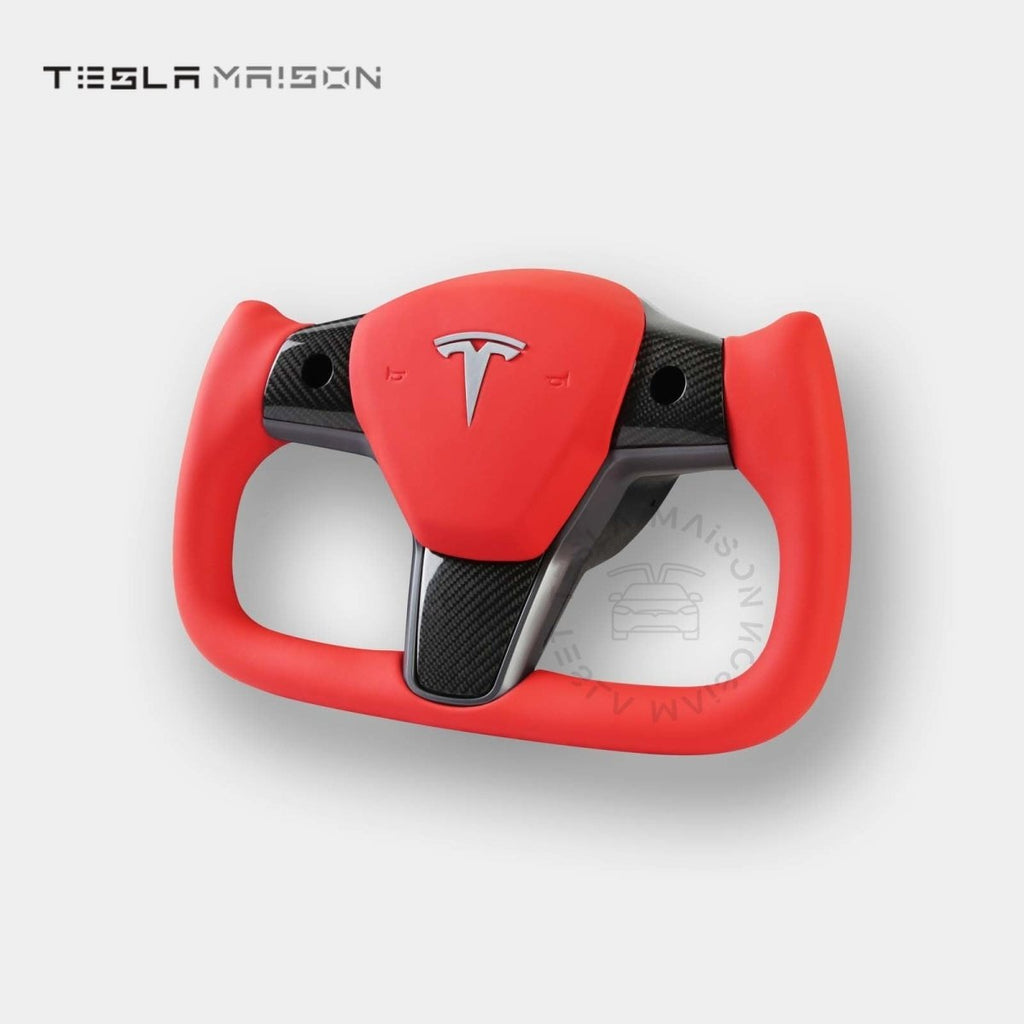 Tesla Model 3 Yoke Steering Wheel Red Leather Gloss Carbon Upper Panel -Yes （ +$69.00 ）-With ( +$50.00 )-Two Side-Tesla Maison