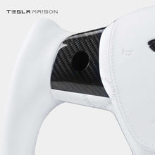 Load image into Gallery viewer, Tesla Model 3 Yoke Steering Wheel - White Leather With Gloss Carbon Upper Panel -No-With ( +$50.00 )-One Side-Tesla Maison