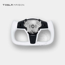 Load image into Gallery viewer, Tesla Model 3 Yoke Steering Wheel - White Leather With Gloss Carbon Upper Panel -No-With ( +$50.00 )-One Side-Tesla Maison