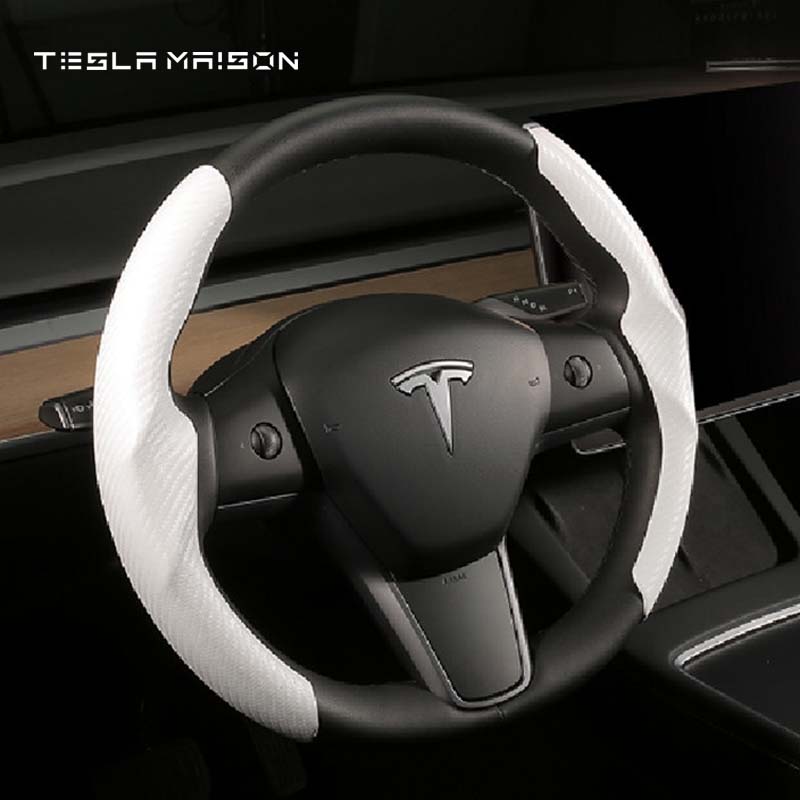 Tesla Model 3/Y/S/X Carbon Fiber Pattern Steering Wheel Cover -White---Tesla Maison