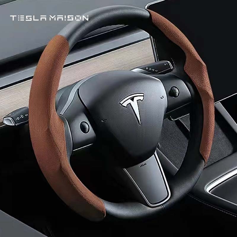 Tesla Model 3/Y/S/X Ultra-thin Non-slip Suede Steering Wheel Cover -Brown---Tesla Maison