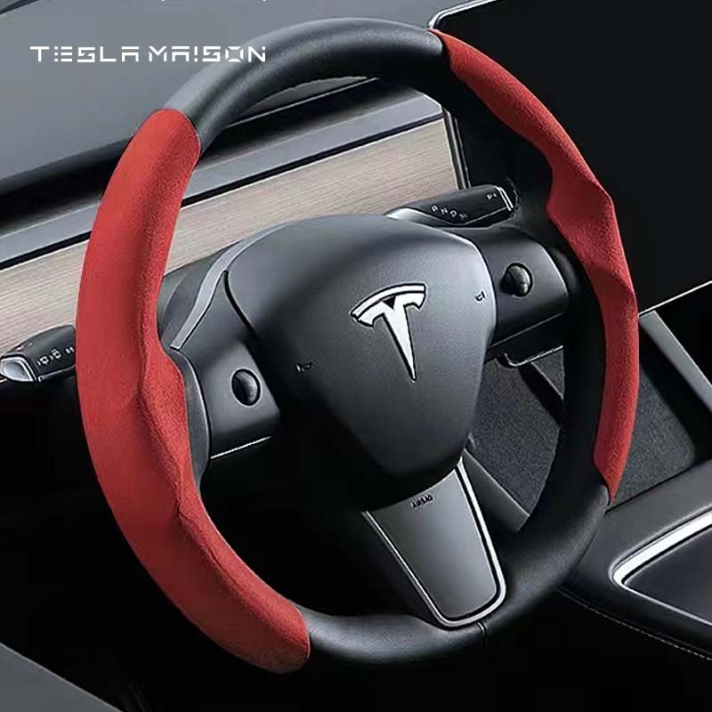 Tesla Model 3/Y/S/X Ultra-thin Non-slip Suede Steering Wheel Cover -Red---Tesla Maison